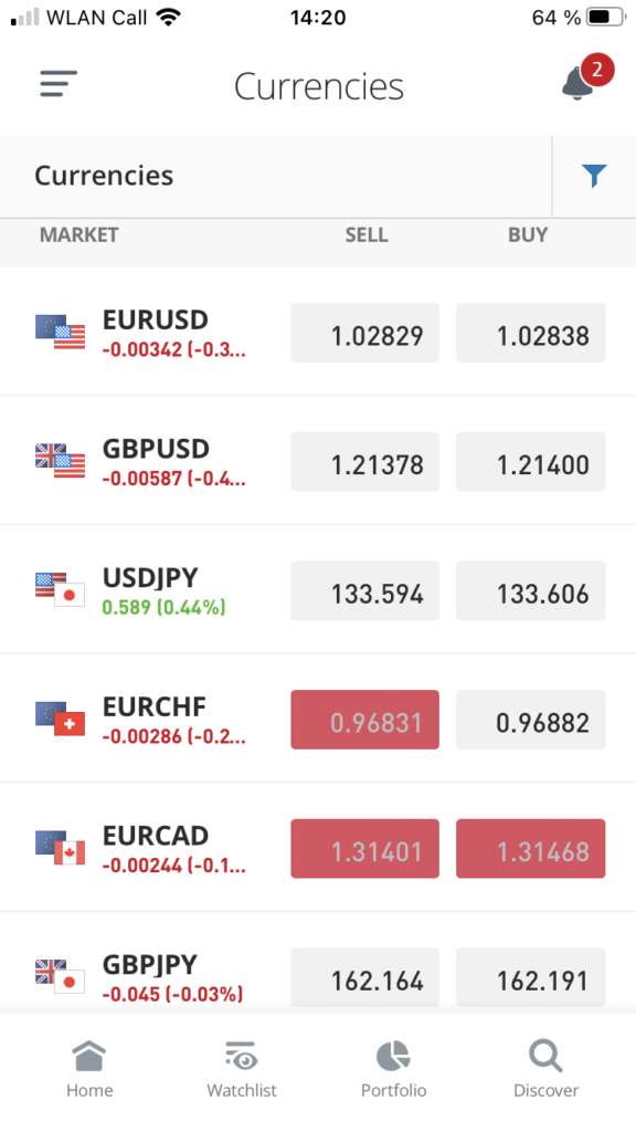 Screenshot of eToro trading app