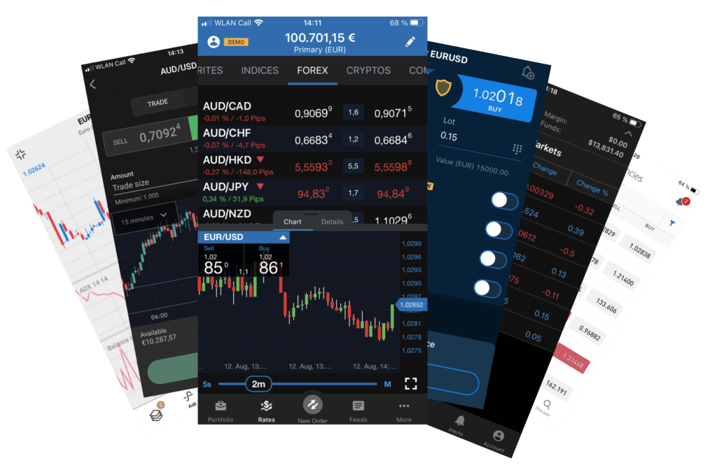Screenshots from my six favorite forex trading apps fanned out like a deck of cards.