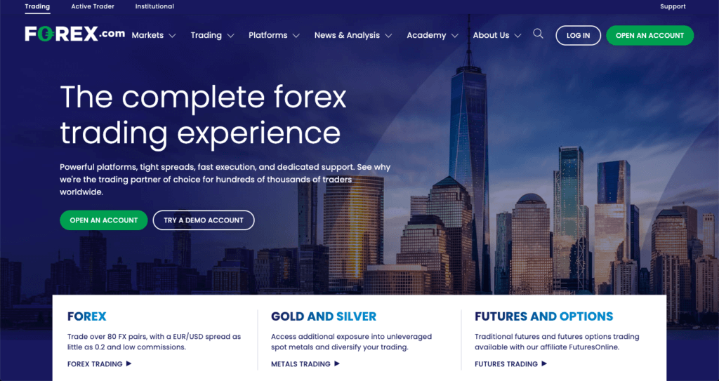 Screenshot of forex.com's home page
