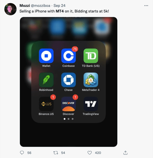 Screenshot of twitter user selling iPhone with MT4