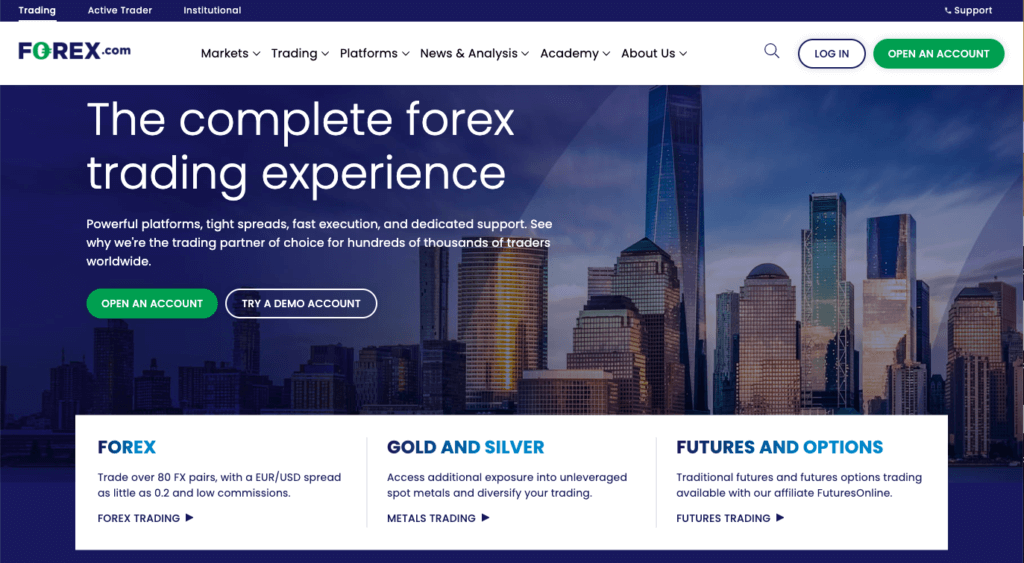Screenshot of forex.com homepage with the slogan "the complete forex trading experience"