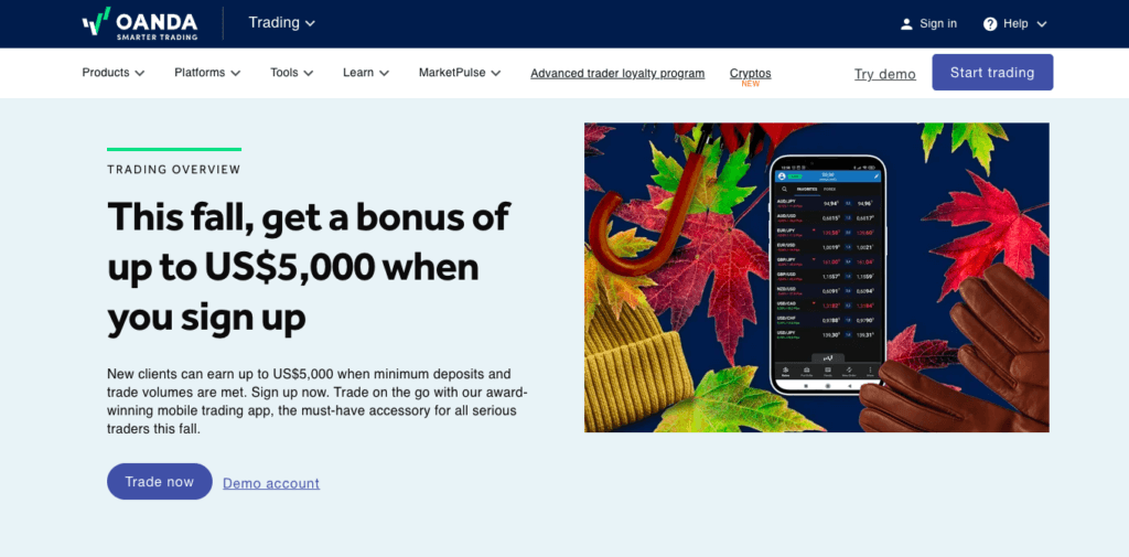 Screenshot of OANDA trading page with slogan "This fall, get a bonus of up to US$5000 when you sign up"