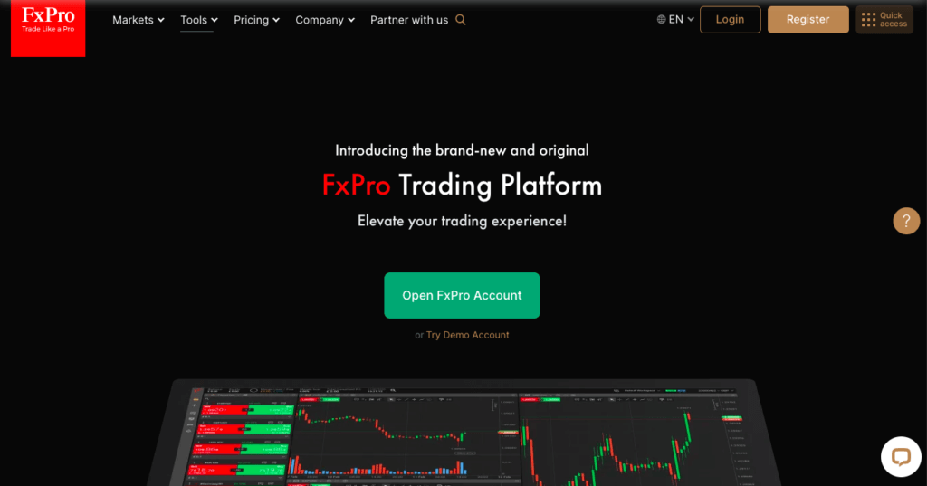 Screenshot of FxPro page with slogan "introducing the brand-new and original FxPro Trading Platform" 