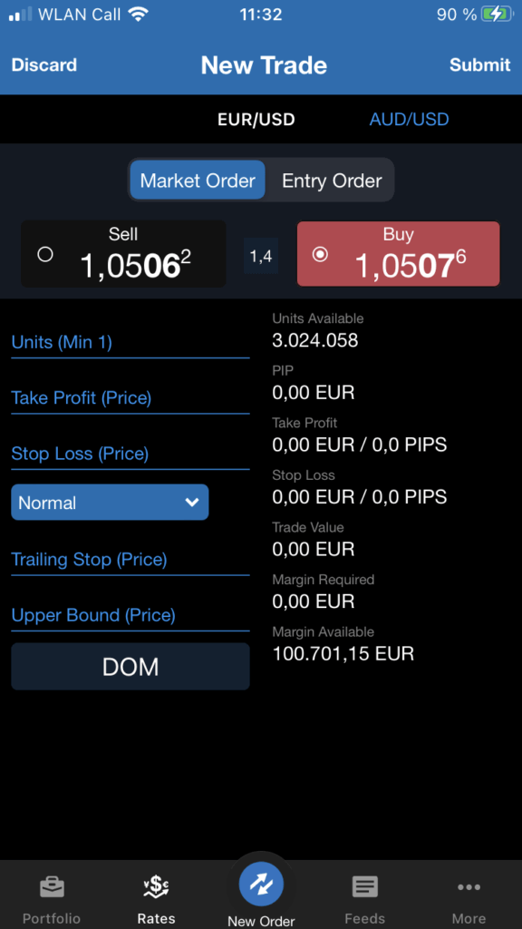 Screenshot of mobile trading platform showing a market order for EuR/USD