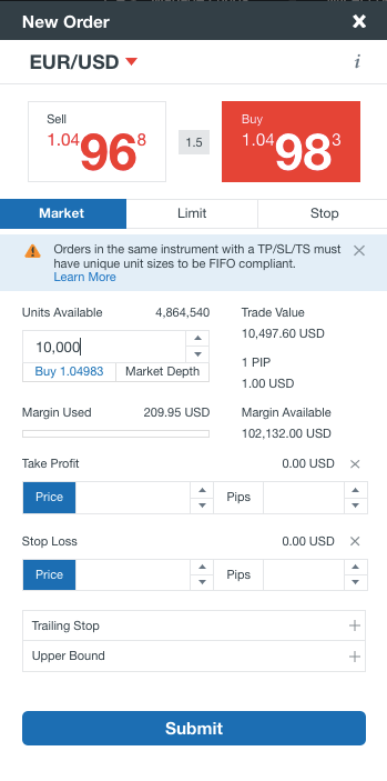 Screenshot of the trade screen from Oanda's web platform, showing EUR/USD.