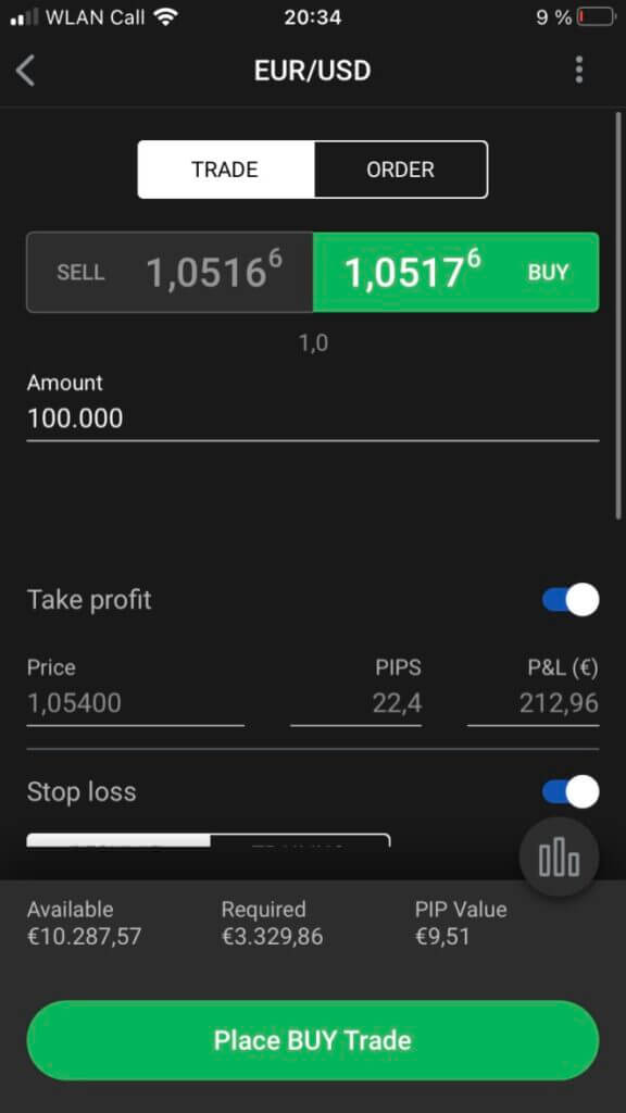 Screenshot of the mobile platform trade screen