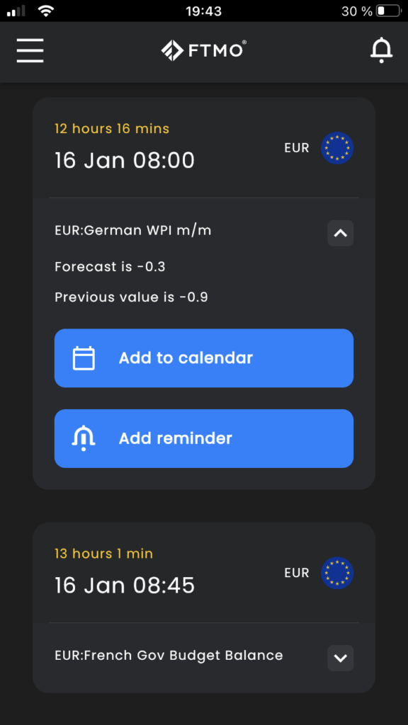 Screenshot of the FTMO app's economic calendar.