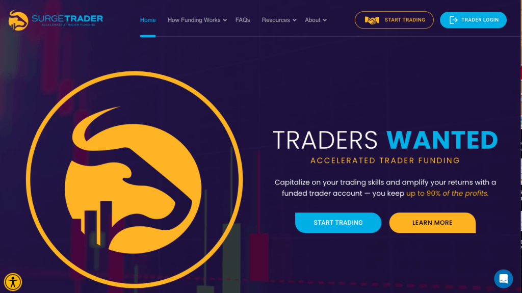 A screenshot I took of SurgeTrader's homepage. It features the slogan "Traders Wanted."