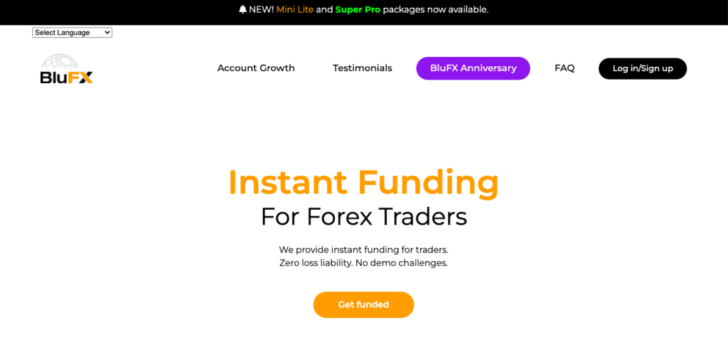 January 2023 screenshot of the front page of BluFX website with the slogan "Instant Funding for Forex Traders" 