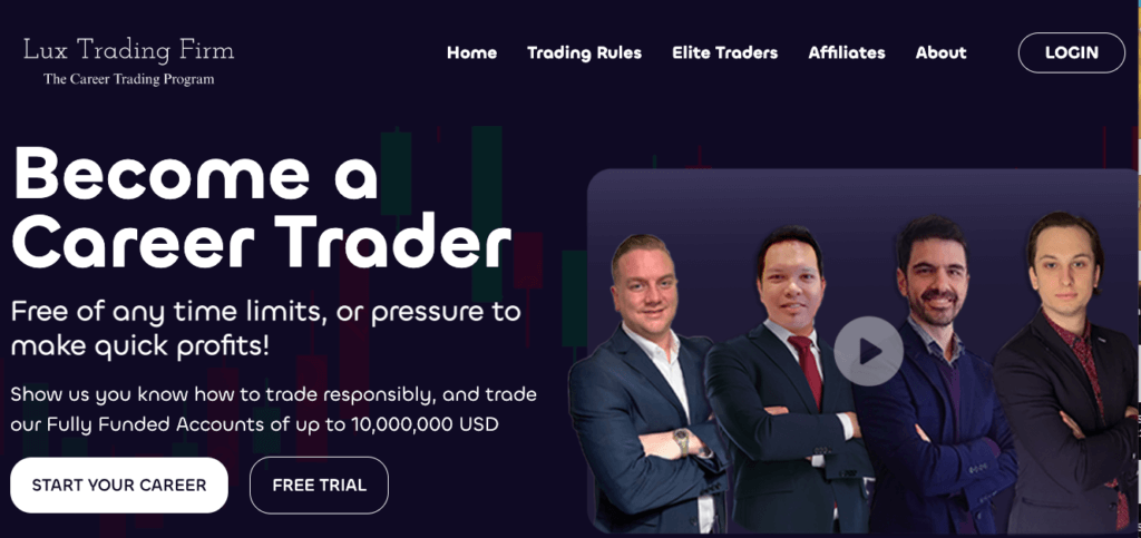 Screenshot of Lux Trading's home page with the slogan "Become a Career Trader"