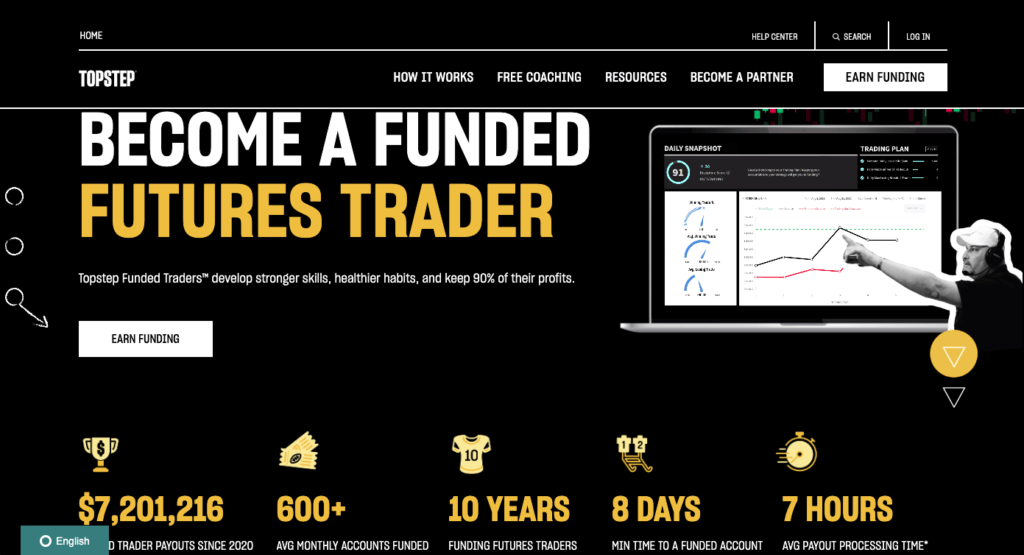 Screenshot of TopStep homepage with the slogan "Become a Funded Futures Trader"