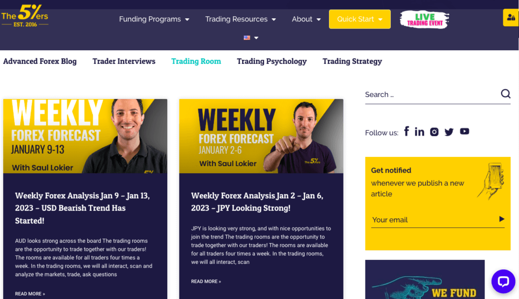 Screenshot of the 5%ers "trading room" showing weekly forex forecasts and other resources.