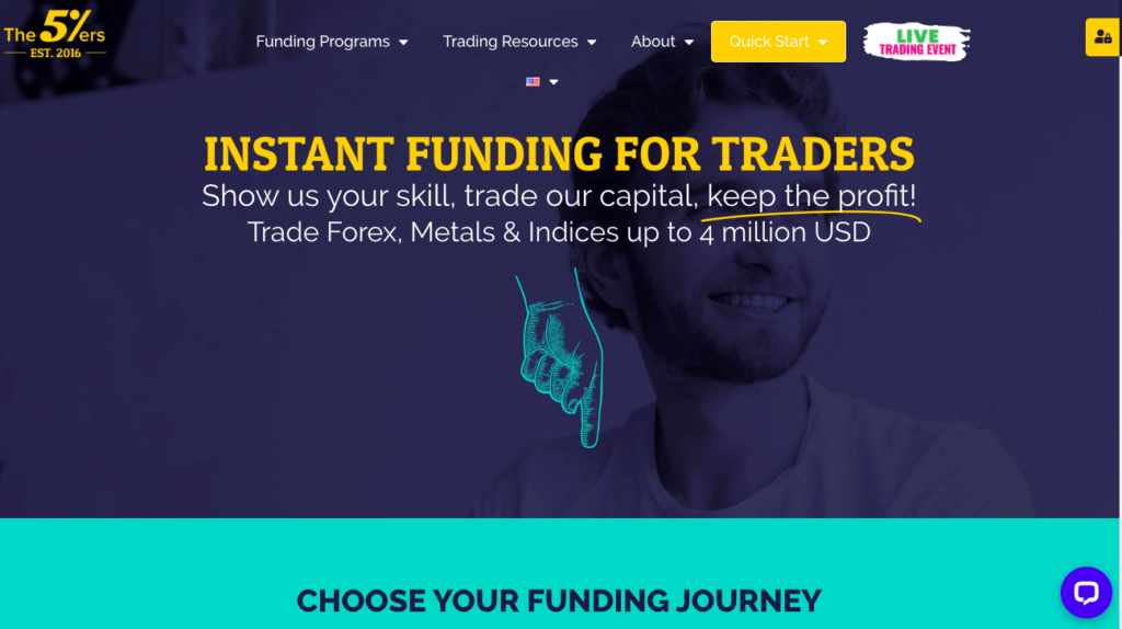 My screenshot of the 5%ers front page with the slogan "Instant funding for traders."