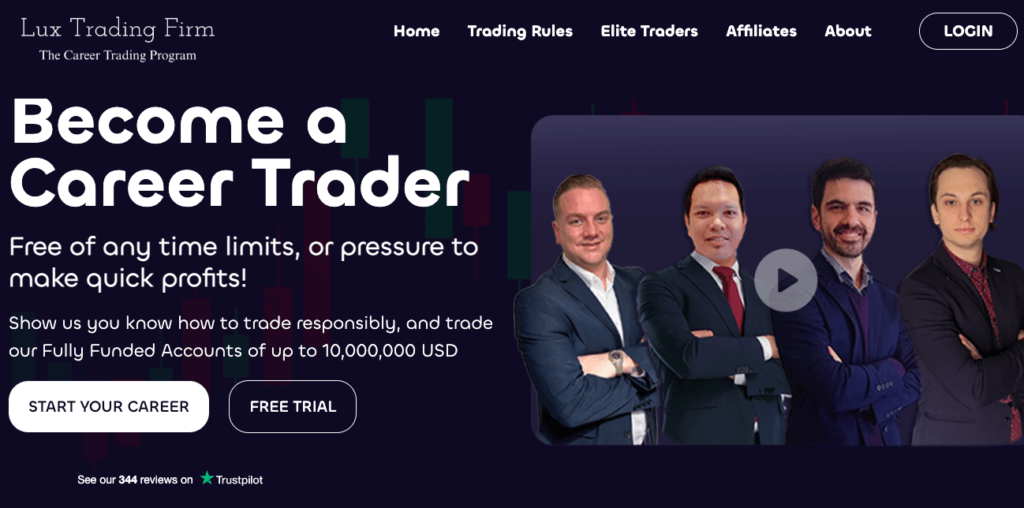 Screenshot of the front page of Lux Trading Firm's website with the slogan "Become a Career Trader"