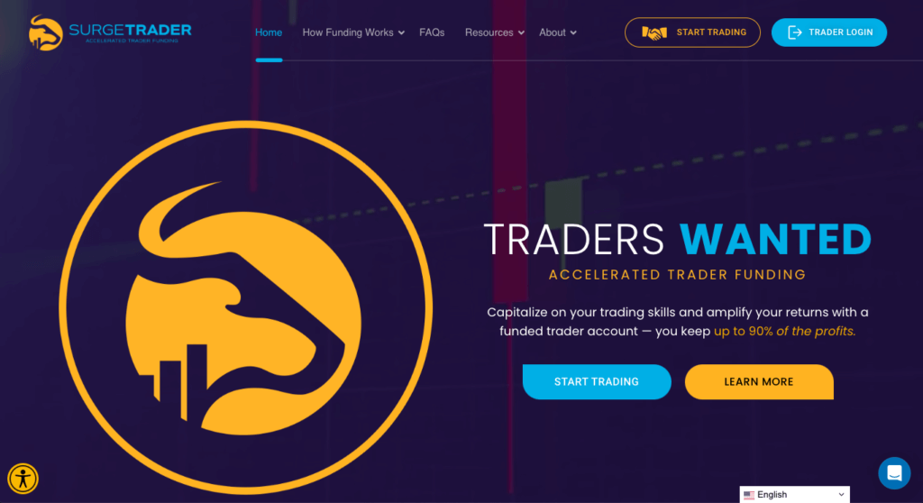 Screenshot of SurgeTrader's front page. "Traders wanted: Accelerated Trader Funding" is the headline.