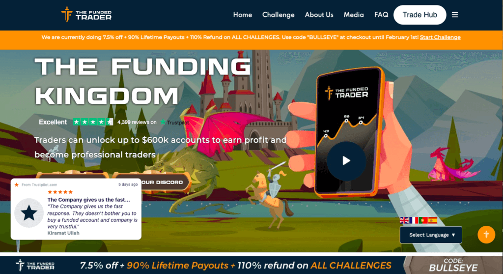 Screenshot of The Funded Trader homepage with the slogan "The Funding Kingdom