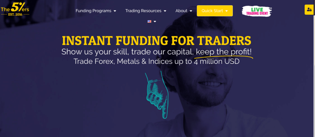 Screenshot of the 5%ers front page. "Instant funding for traders" is written in bold yellow.