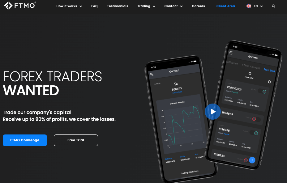 Screenshot of FTMO's front page. Slogan reads "Forex Traders Wanted" with the "Wanted" in bold.