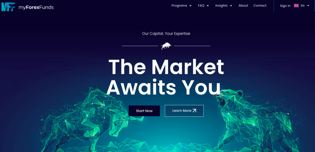 Screenshot of My Forex Funds home page. Says "The Market Awaits You" in bold.
