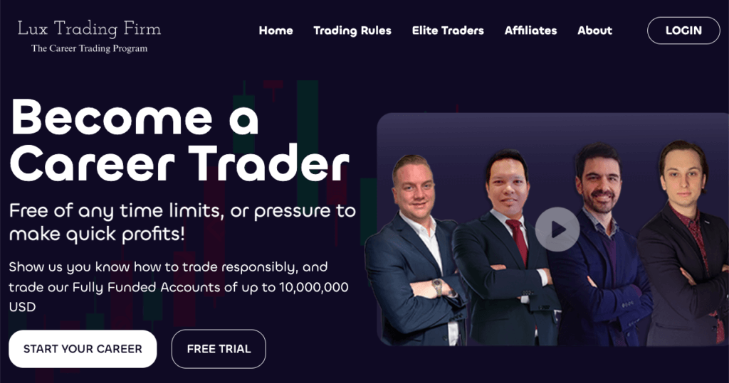 Screenshot of Lux Trading's home page. 
"Become a Career Trader" is in bold. 