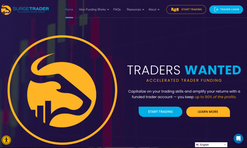 Screenshot of SurgeTrader's front page. It features an enormous logo, plus the slogan "Traders wanted"