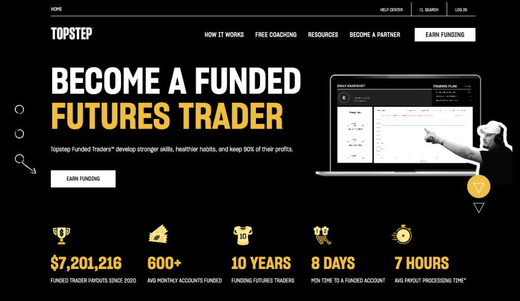 A screenshot of Topstep Traders front page. "Become a funded futures trader" is written in bold. 