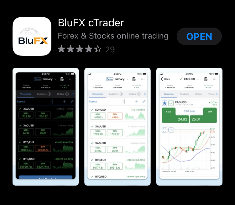 Screenshot of BluFX cTrader app as it appears in the Apple App Store