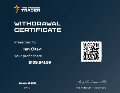 Screenshot of a withdrawal certificate with a profit share of $109,841.99

