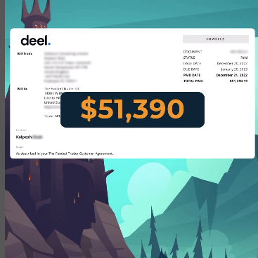 A screenshot from the Funded Trader's instagram shows a $51,390 payout slip from Deel.