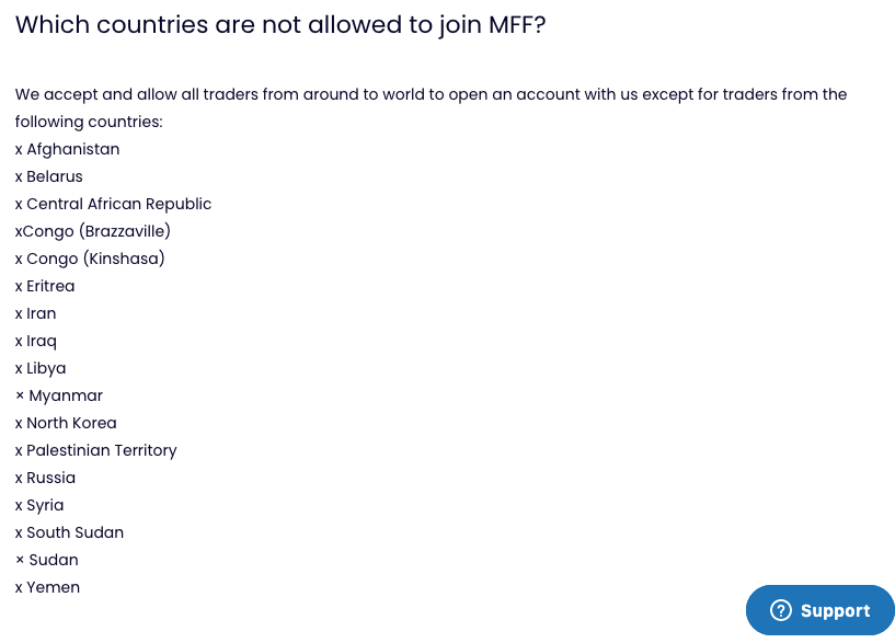 Screenshot of MFF's FAQ page that lists the countries that are not allowed to join My Forex Funds
