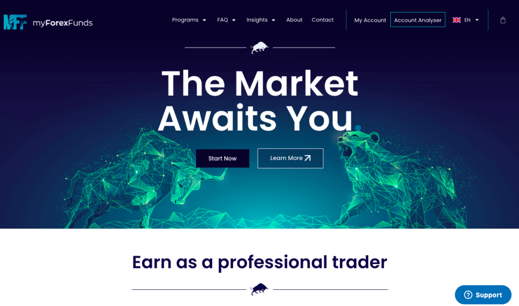 Screenshot of My Forex Fund's home page with the slogan "The Market Awaits You."