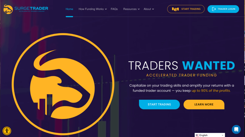 Screenshot of SurgeTrader's homepage with a bold yellow logo and the slogan "Traders Wanted: Accelerated Trader Funding" 