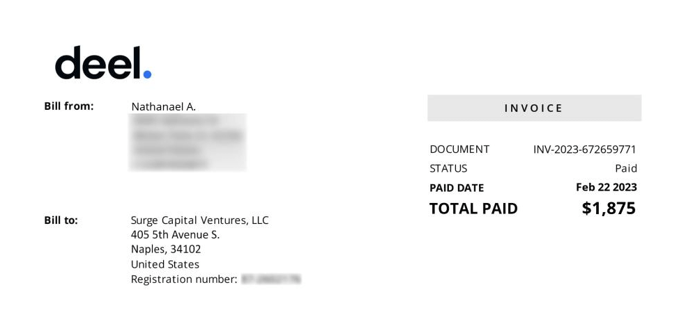 Screenshot showing a Deel invoice as a proof of payout of $1,875 from SurgeTrader to Nathanael A.