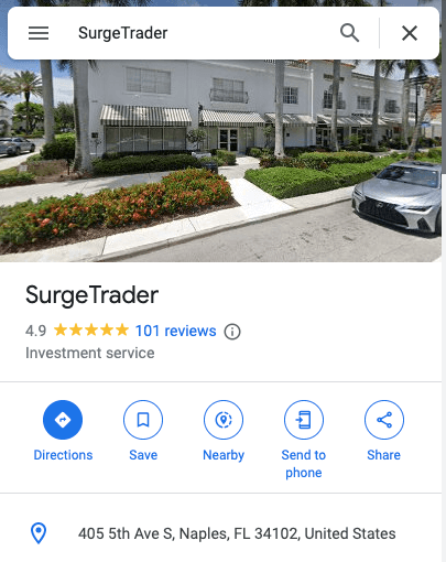 Screenshot of SurgeTrader's Google Business listing,  showing a nice Naples, Florida office with a Lexus out in front. 