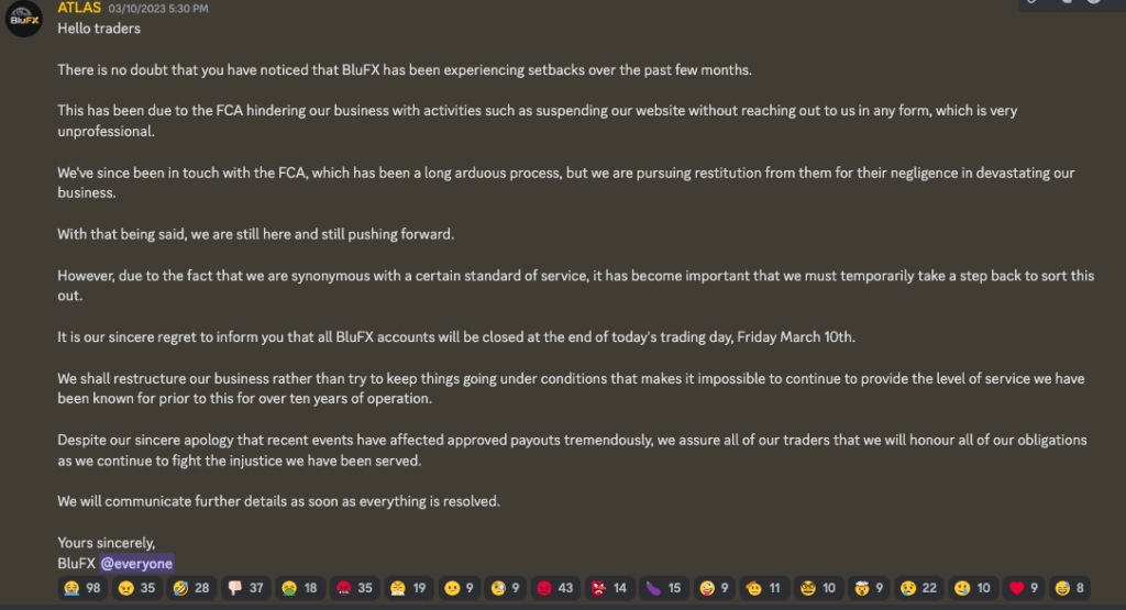Screenshot of an announcement on the BluFX discord channel that they are closing all BluFX accounts, effective March 10, 2023.