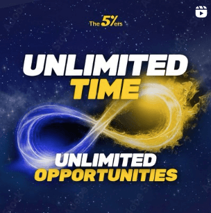 Graphic from the 5%ers announcement of "Unlimited Time, Unlimited Opportunities" with an infinity sign.
