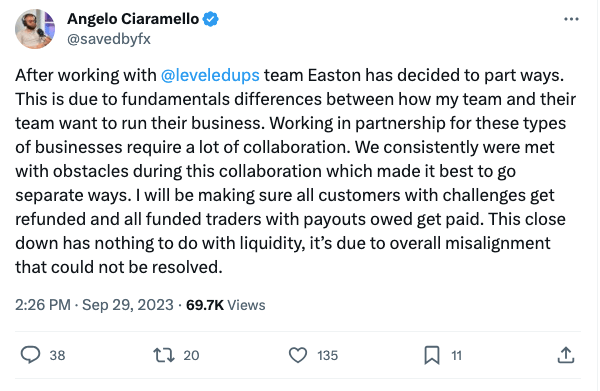 Screenshot of tweet from Angelo Ciaramello discussing the breakup with Leveled Up Society