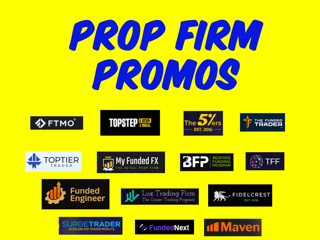A banner I made with the phrase Prop Firm Promos on the top and the logos of the 14 prop firms that I have included on this prop firm promo list.