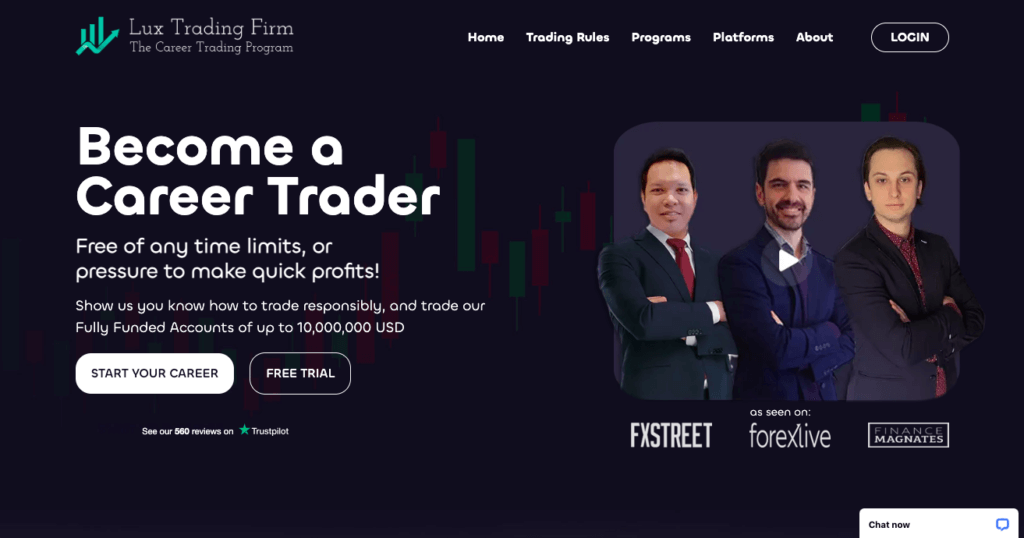 A screenshot from Lux Trading Firm's home page, which shows three guys in suits with the slogan "Become a Career Trader"