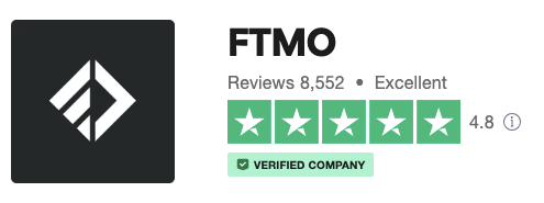 Screenshot of the banner from FTMO's TrustPilot page. It shows 4.8/5 stars, which is an Excellent rating. There have been 8552 reviews. 