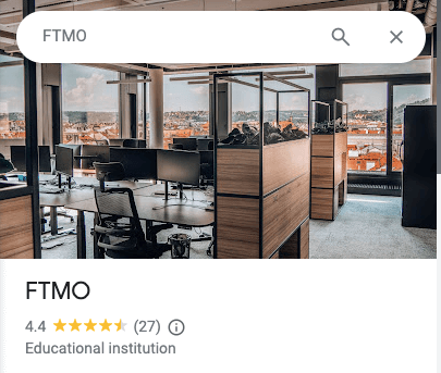 My screenshot of FTMO's Google Business page. It has a picture of the FTMO office with a ranking of 4.4/5. 