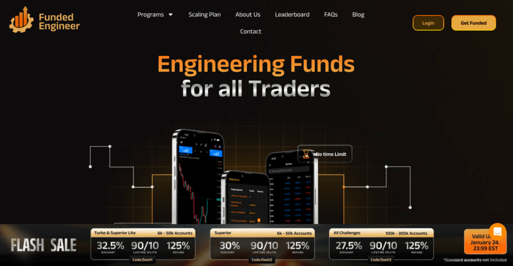 Screenshot from Funded Engineer's site with slogan "Engineering Funds for all traders"