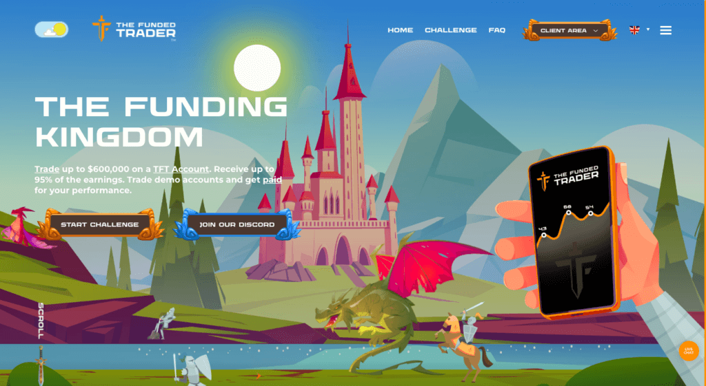 Screenshot I took of the Funded Trader's homepage. There's a medieval theme with the slogan "The Funding Kingdom." 